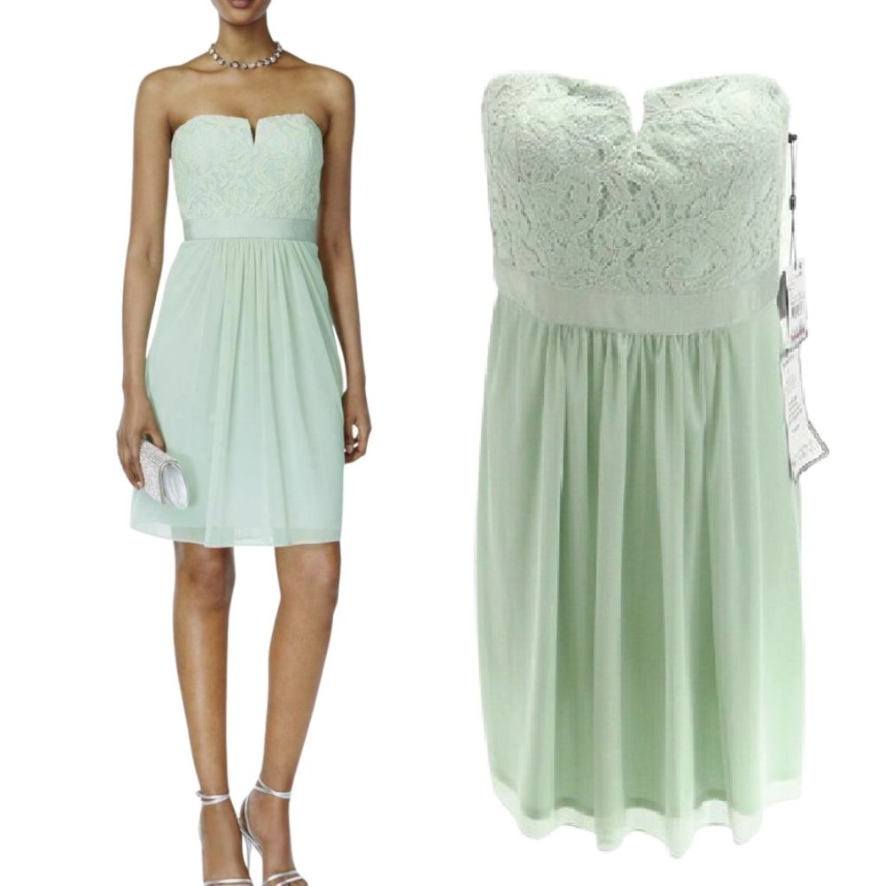 Adrianna Papell Strapless Dress Size 14 Mint Green Lace Tulle Cocktail NEW